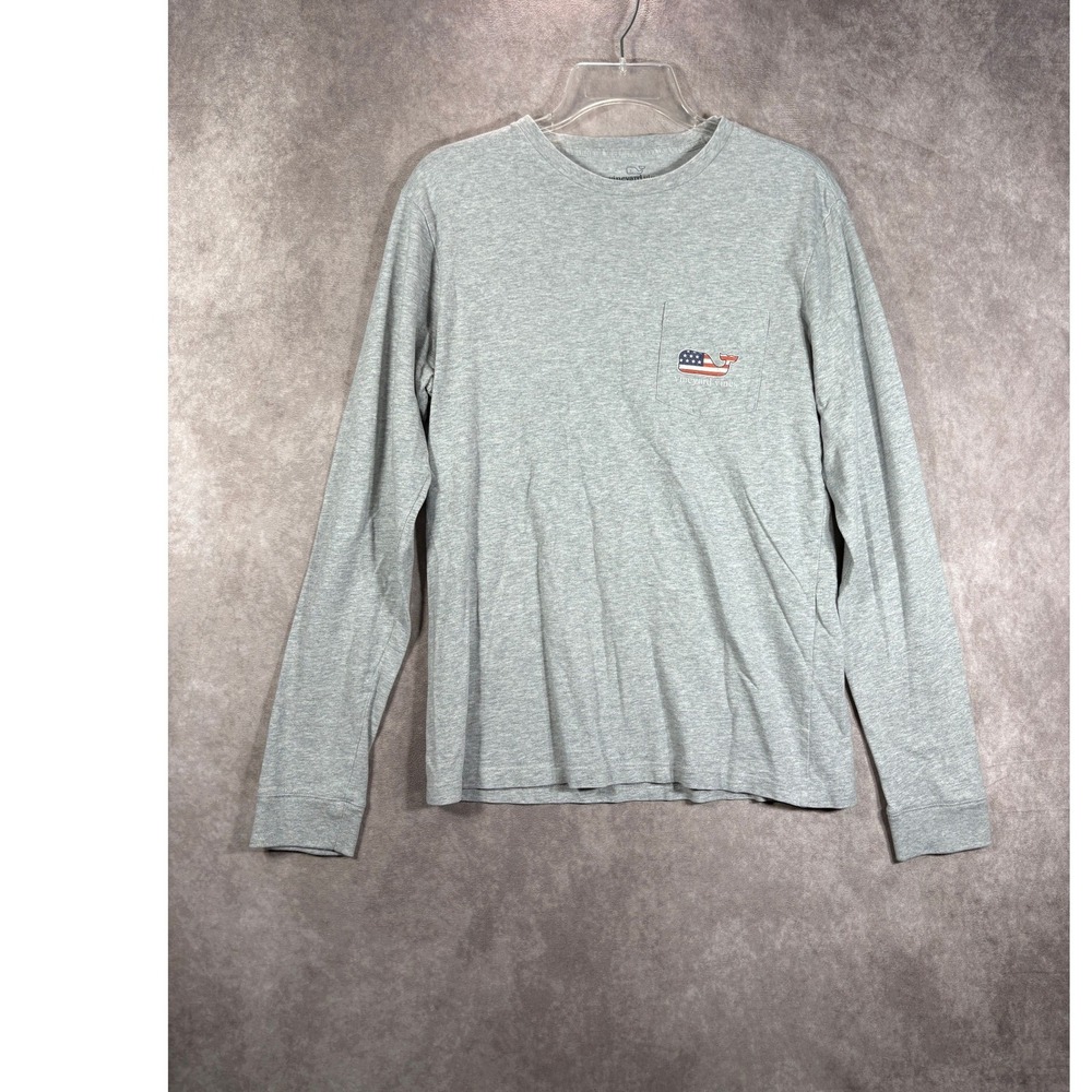 Vineyard Vines Long Sleeve Mens XS Gray American Flag Whale Pocket Tee Cotton